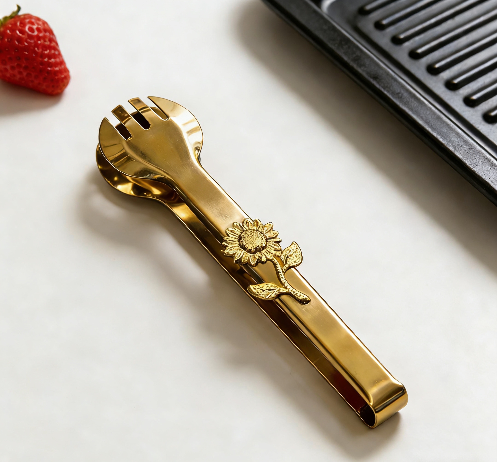 Sunflower relief metal food tongs, home kitchen anti-scald tongs, vegetable tongs, creative sunflower decorative food tongs, kitchen multi-functional tongs, meal tongs wholesale Specification image