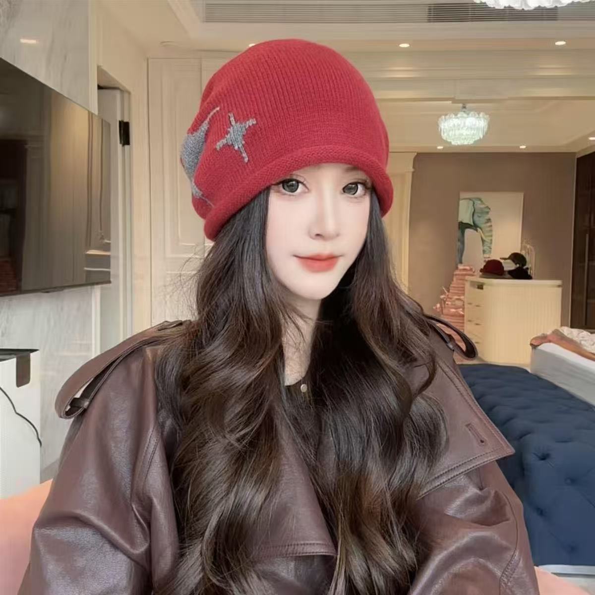 New autumn and winter style headwear, drawstring knitted pile hat, women's woolen hat, warm and face-enhancing small ear-protecting headscarf, cold hat