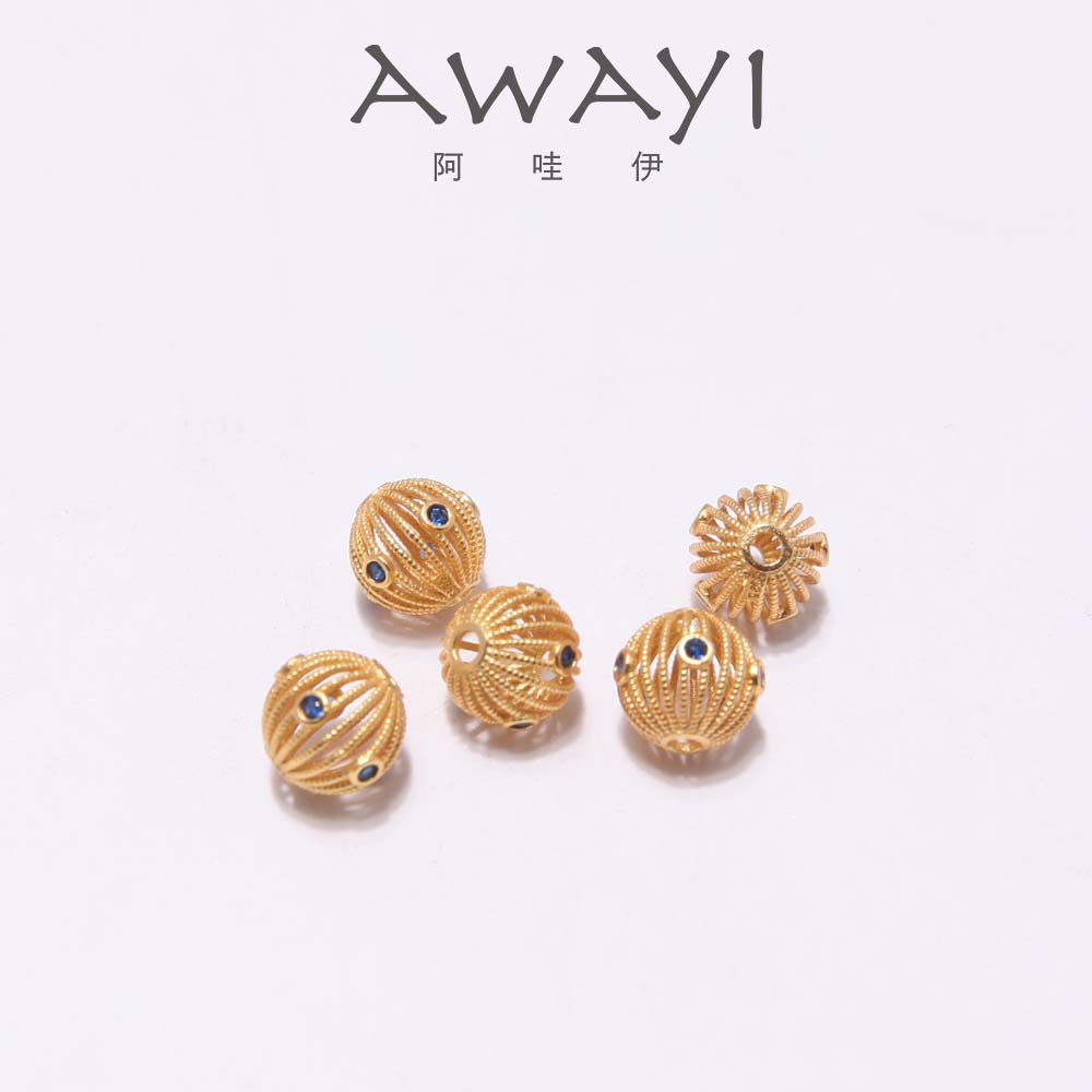 AWAYI阿哇伊 S925纯银镀古法金镂空灯笼珠 镶蓝宝石珠 手链DIY精美隔珠配件