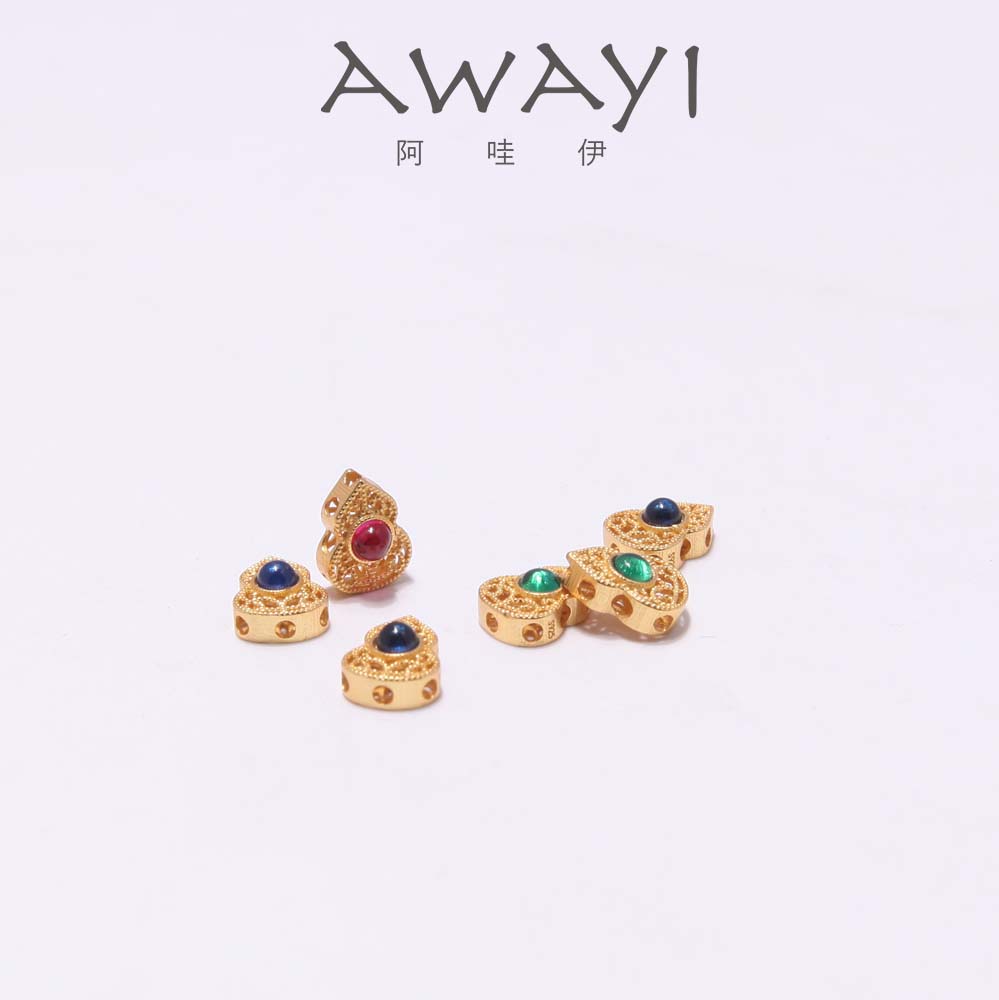 AWAYI阿哇伊 S925纯银镀古法金镂空葫芦隔珠 镶嵌红蓝宝石配珠 手串手链DIY配件散珠