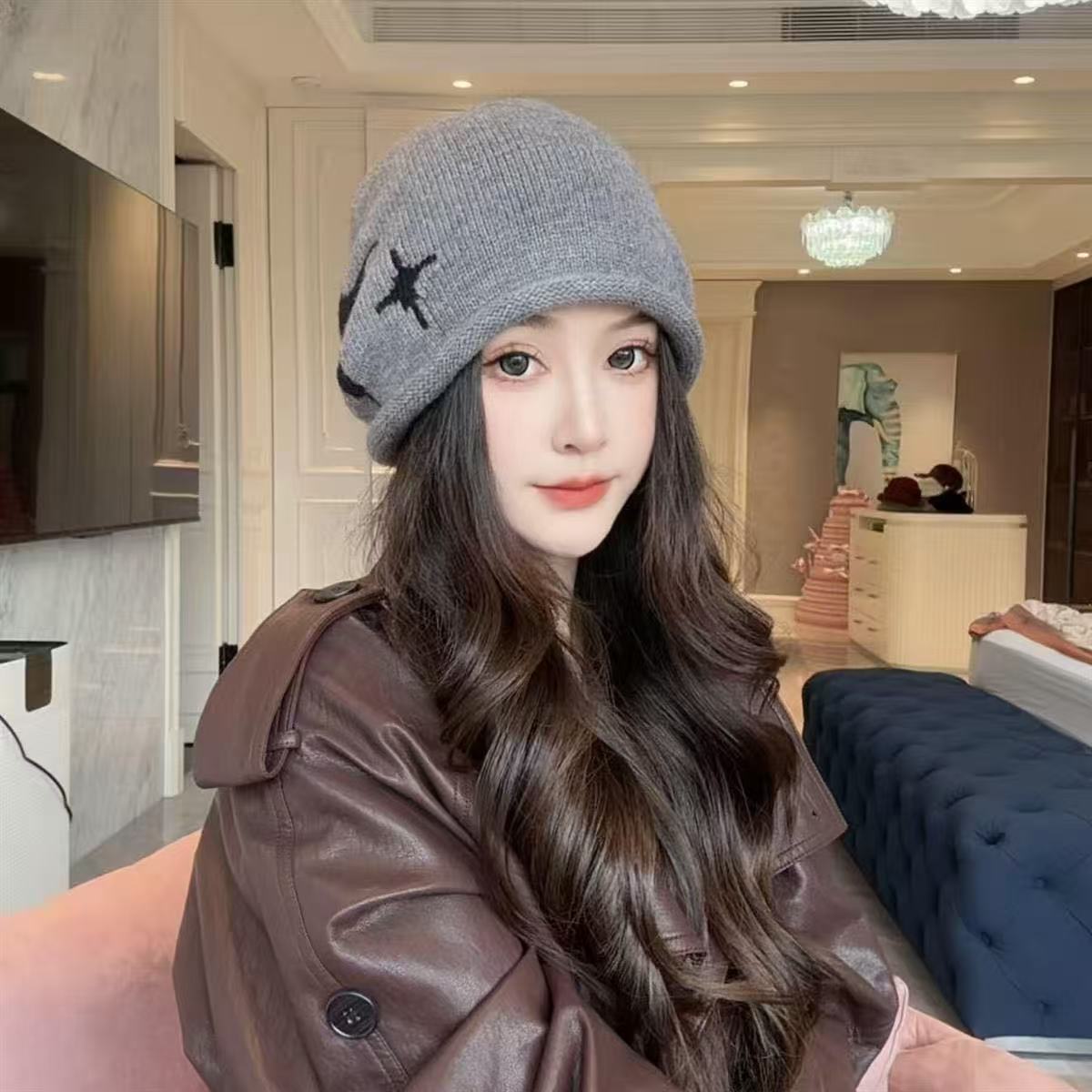 New autumn and winter style headwear, drawstring knitted pile hat, women's woolen hat, warm and face-enhancing small ear-protecting headscarf, cold hat Item Picture