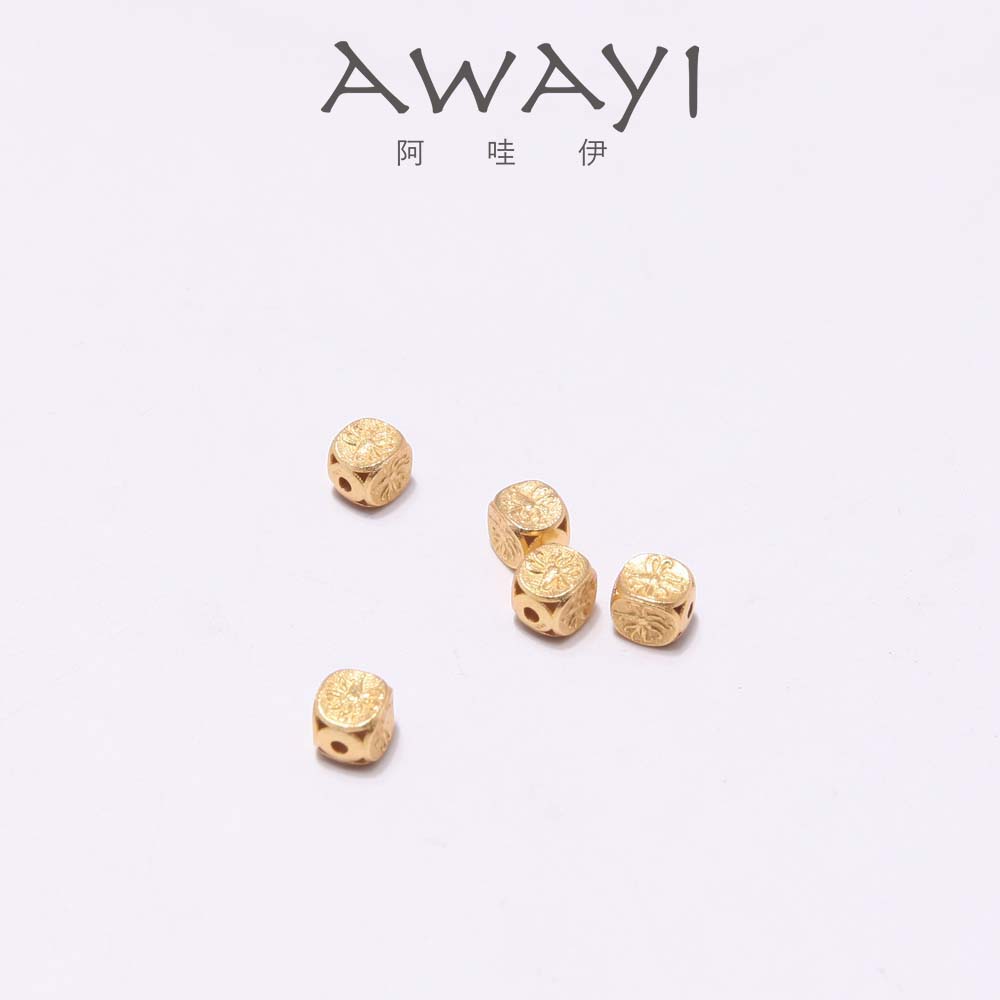 AWAYI阿哇伊 S925纯银镀古法金方形隔珠 哑光复古花纹小方块散珠 手串DIY手工配件