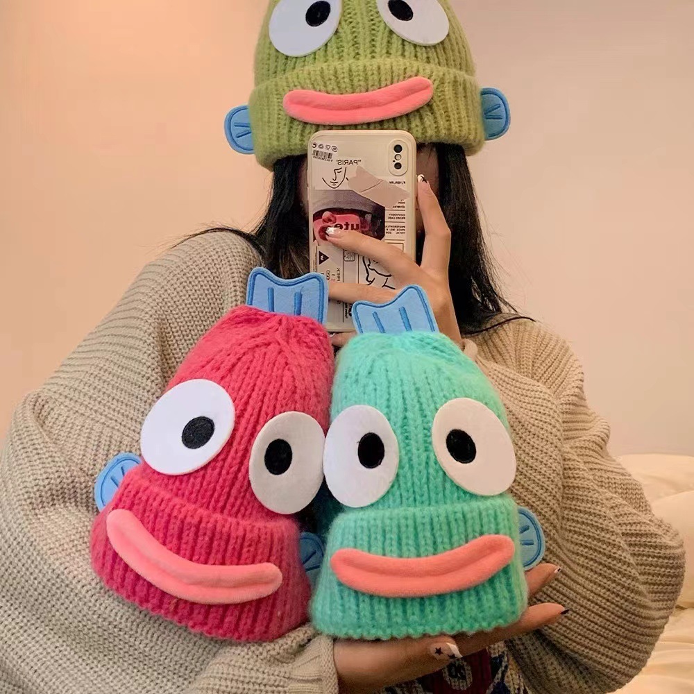 Cute and funny ugly fish hat, thick and warm ear-protecting hat for girls in autumn and winter, knitted woolen hat, new cold hat for students Specification image