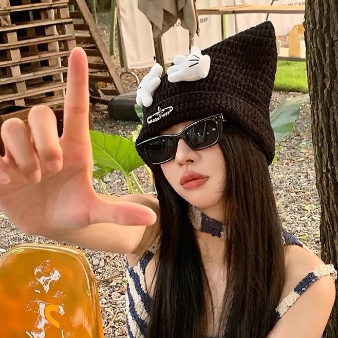 Cute cartoon little hand palm knitted hat for girls, y2k subculture, funny photo shows face, small pullover hat trendy details Picture