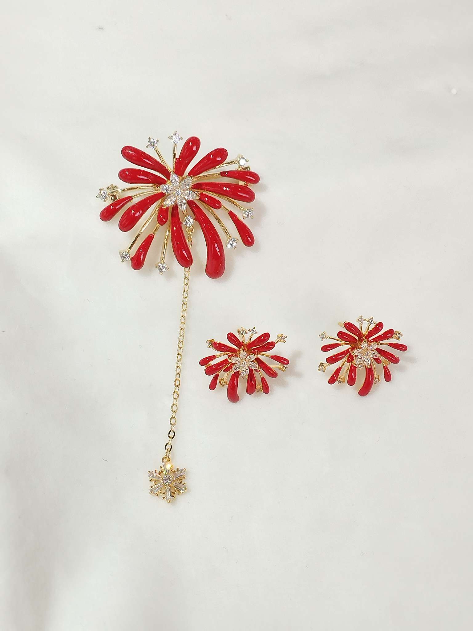 爆款蓝色红色烟花胸针耳环