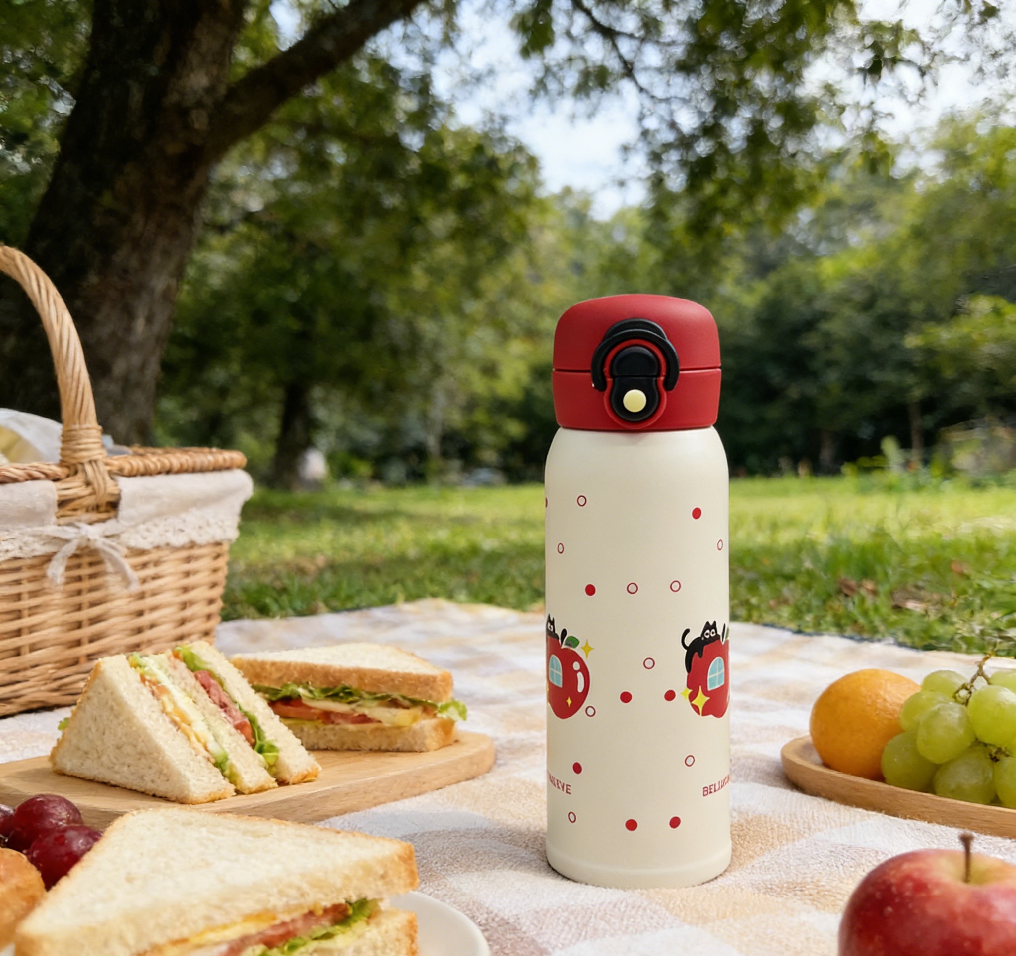 Koike Red Apple Portable Insulated Cup, one-button pop-up lid, 304 stainless steel student portable water cup, high appearance level, leak-proof large capacity cup Specification image