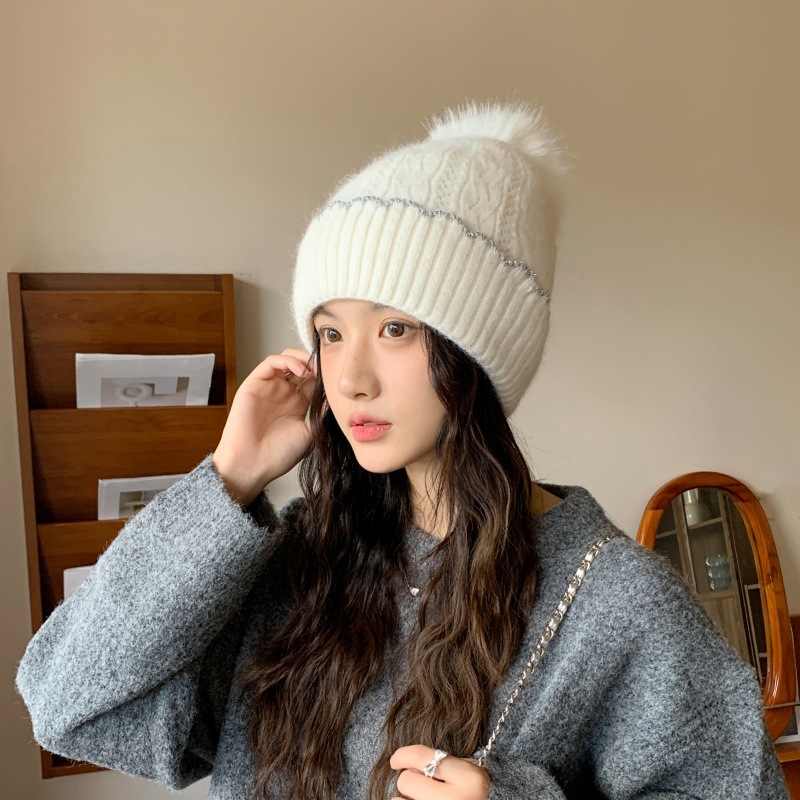 2025新款毛线帽子女秋冬保暖御寒护耳大头围加绒加厚毛球针织帽图