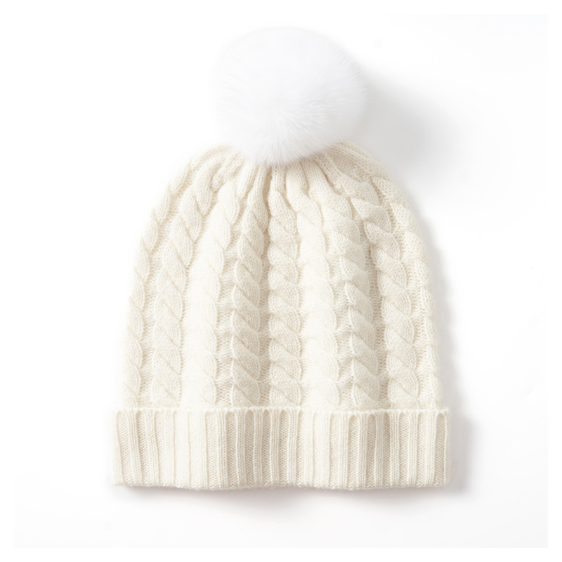 Super soft cashmere autumn and winter new women's knitted headscarf with twisted flower and removable real fur ball thickened warm ear-protecting hat details Picture