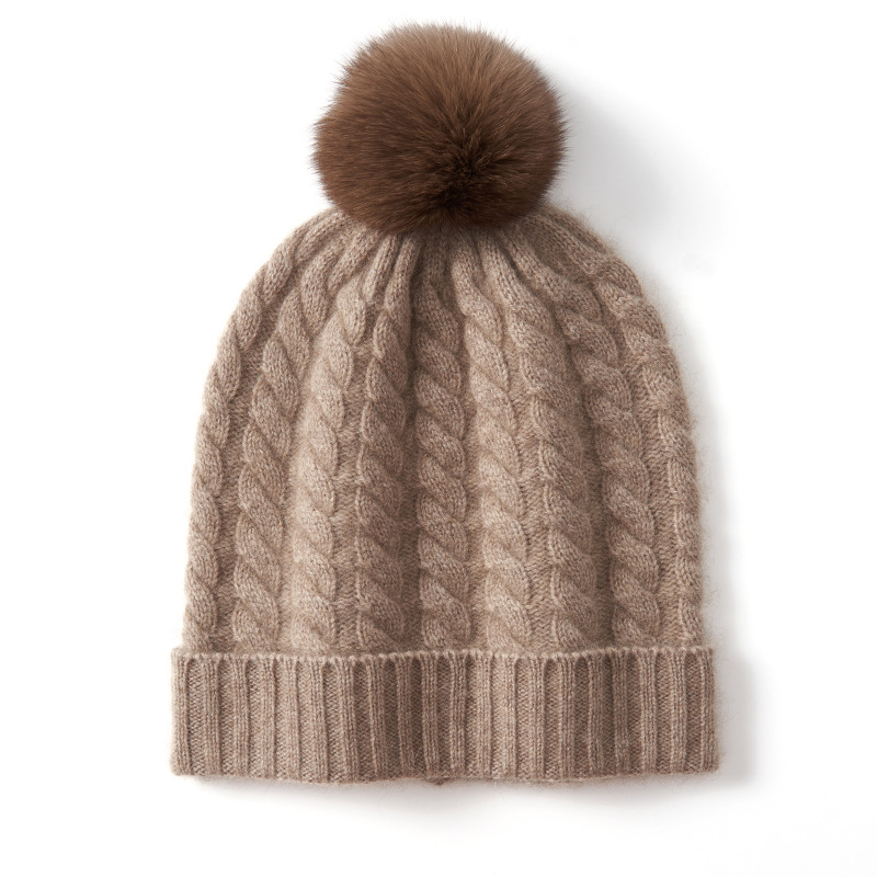 Super soft cashmere autumn and winter new women's knitted headscarf with twisted flower and removable real fur ball thickened warm ear-protecting hat Specification image