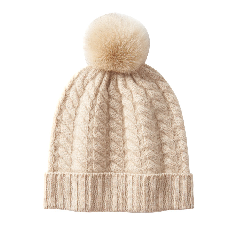 Super soft cashmere autumn and winter new women's knitted headscarf with twisted flower and removable real fur ball thickened warm ear-protecting hat