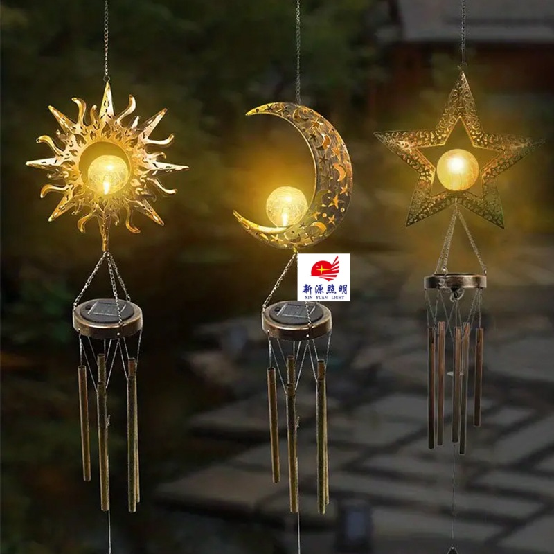 跨境太阳能庭院月亮灯太阳月亮风铃挂件铁艺镂空户外花园景观装饰