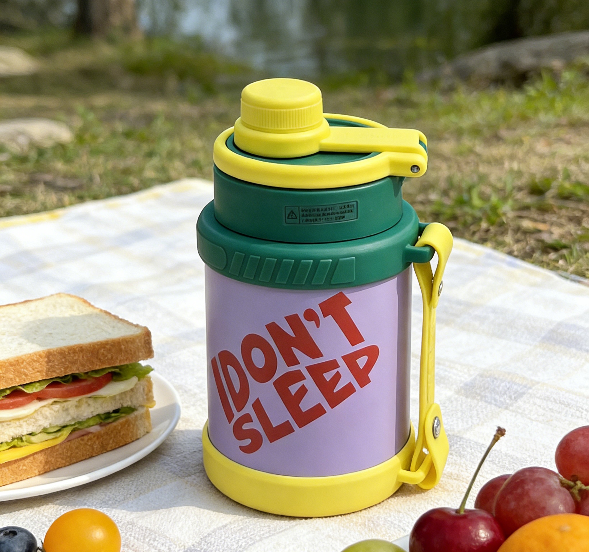 Fun "Don't SLEEP" insulated cup with portable handle, long-lasting temperature lock, suitable for office, commuting and outdoor use, high appearance level water cup Application Scenario