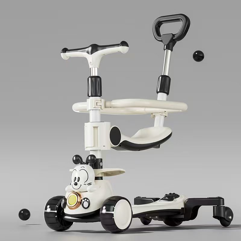 音乐，灯光，一键折叠，三档调节高度，铝合金车把，前后闪光轮，三档调节座椅，皮质护栏，三档调节推杆，辅助万象轮，可拆卸