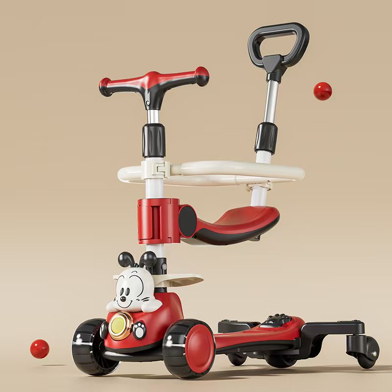 音乐，灯光，一键折叠，三档调节高度，铝合金车把，前后闪光轮，三档调节座椅，皮质护栏，三档调节推杆，辅助万象轮，可拆卸细节图