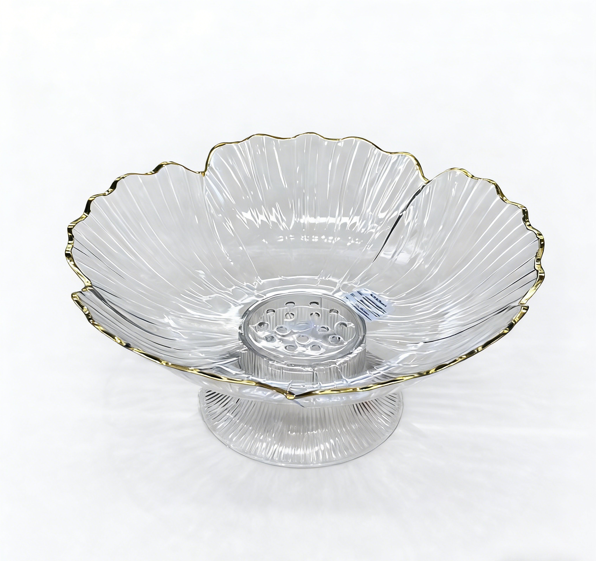 Petal-shaped golden edge transparent high-legged fruit plate with draining water, double-layer home living room snack plate, light luxury dining table candy and pastry decoration plate Item Picture