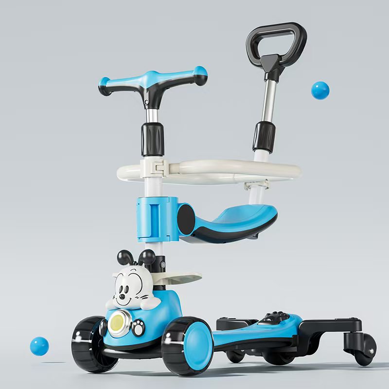 音乐，灯光，一键折叠，三档调节高度，铝合金车把，前后闪光轮，三档调节座椅，皮质护栏，三档调节推杆，辅助万象轮，可拆卸产品图