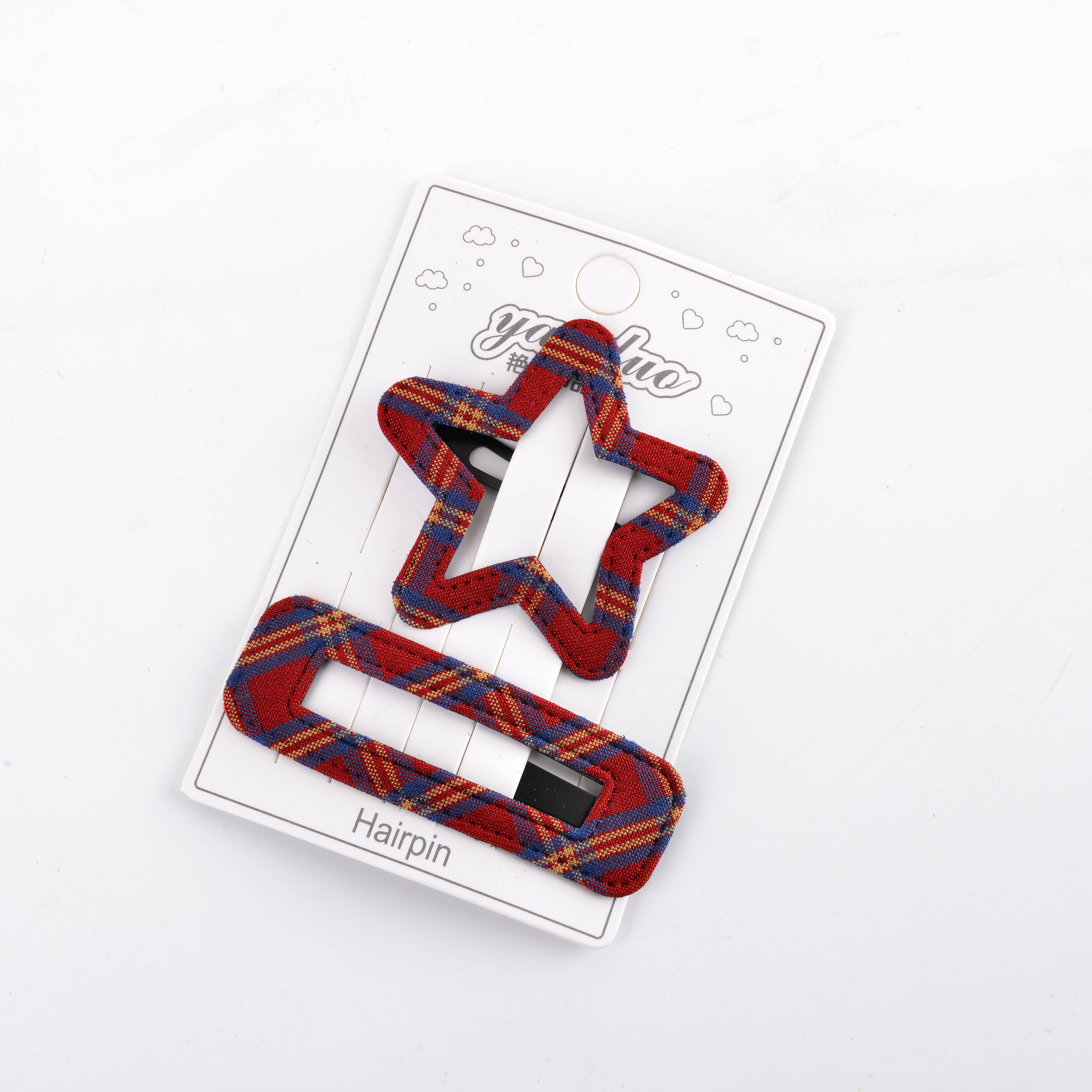 Autumn children's fabric checkered hollowed-out star bb clip, simple and fashionable forehead fringe clip, back hairpin Application Scenario