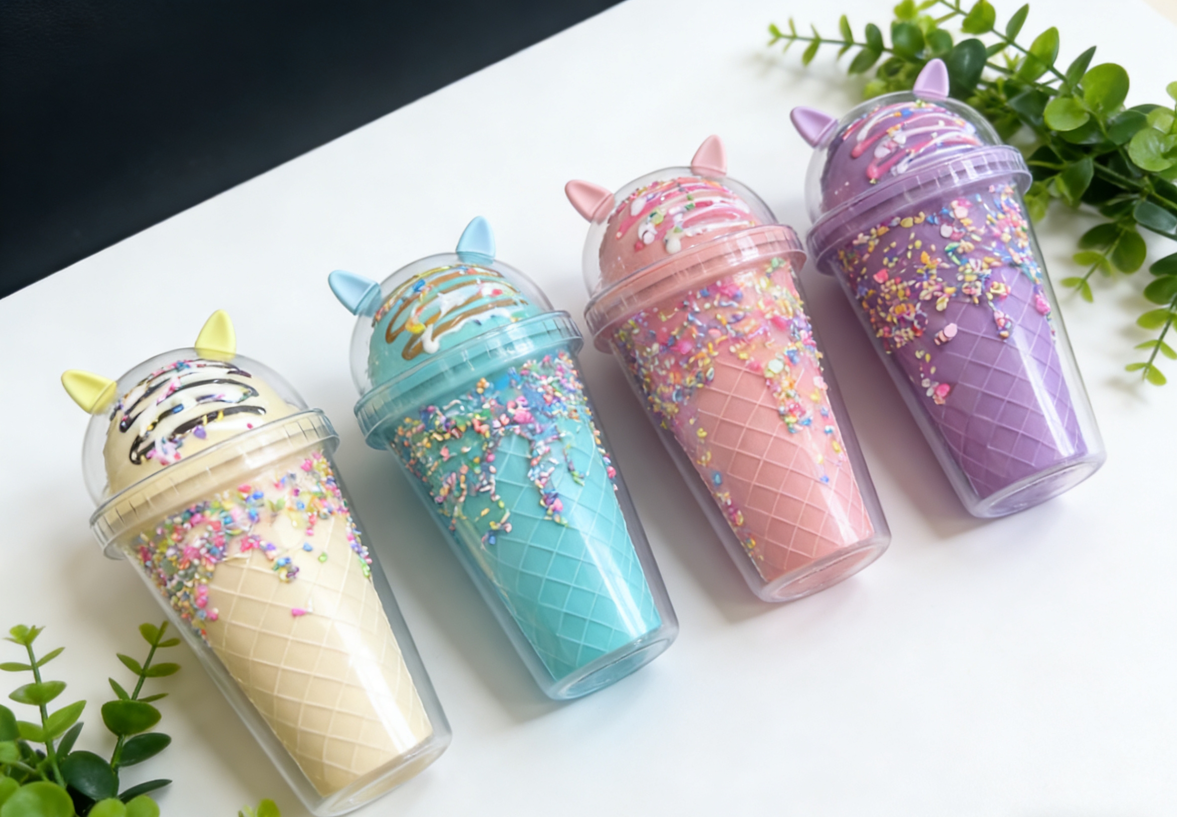 Macaron-colored ice cream cups, cat-eared plastic cups, high appearance level cold drink cups, dessert decoration cups, cartoon cat-eared ice cream cups, creative plastic cold drink cups, high appearance level girlish heart straw cups, dessert cups wholesale Specification image