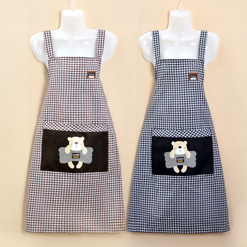 Checked apron, dust-proof, stain-resistant, wear-resistant for home use, kitchen cooking, breathable shoulder strap, fashionable for work, cute little bear cotton waistband work clothes pic 7