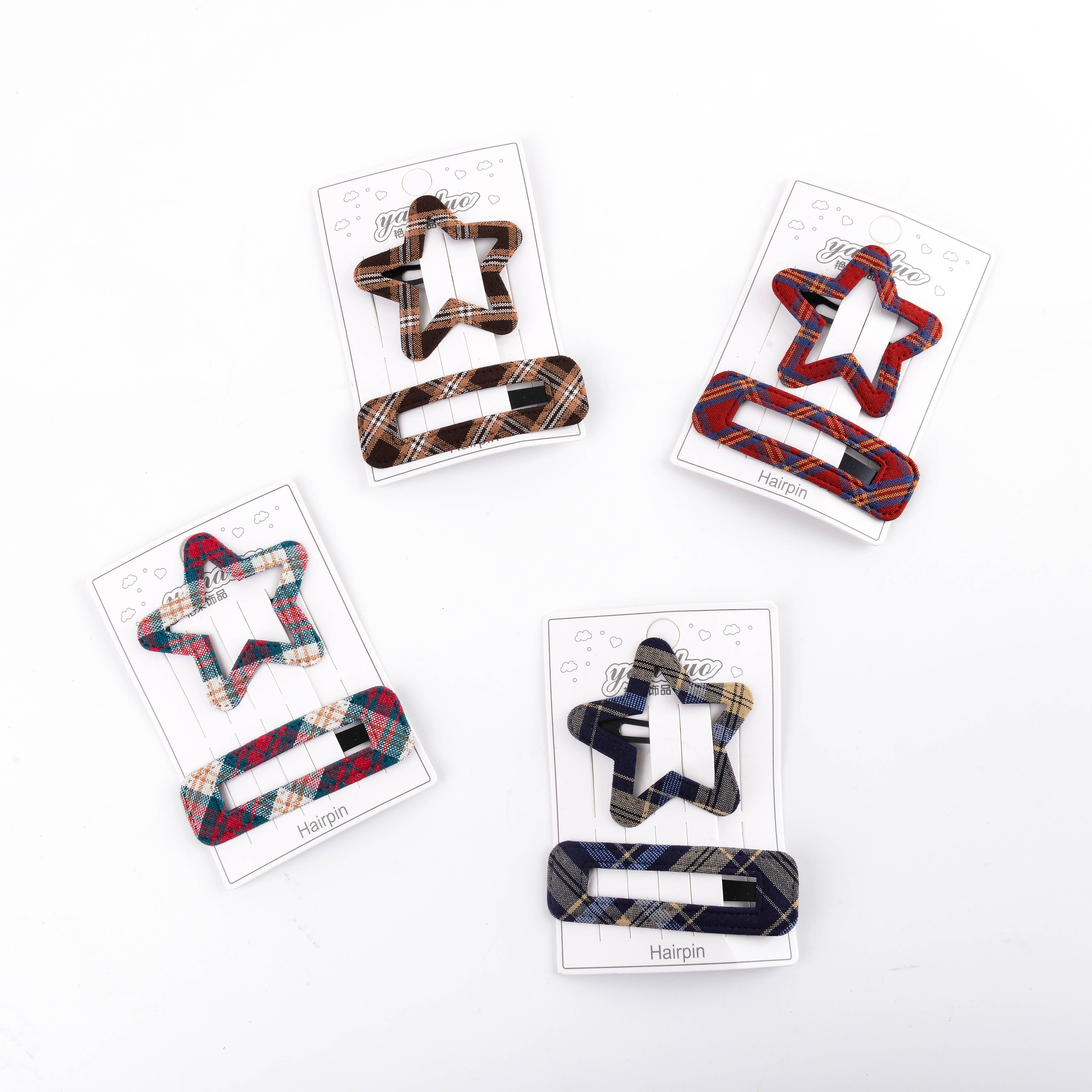 秋季儿童布艺格纹镂空星星bb夹简约时尚前额碎发刘海夹后脑勺发卡
