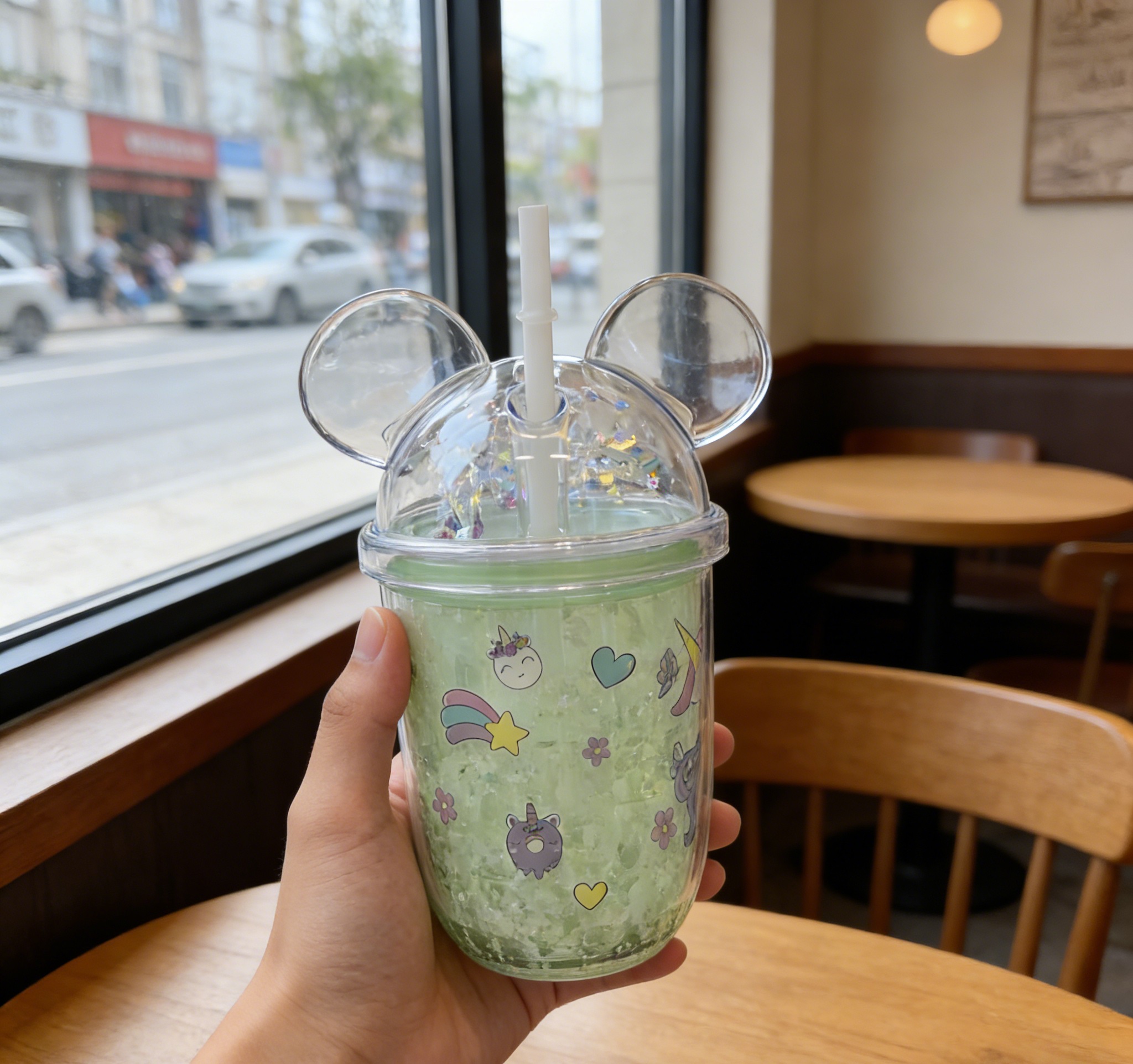 可爱卡通米奇耳朵吸管杯闪片透明水杯独角兽图案少女心学生随手杯细节图