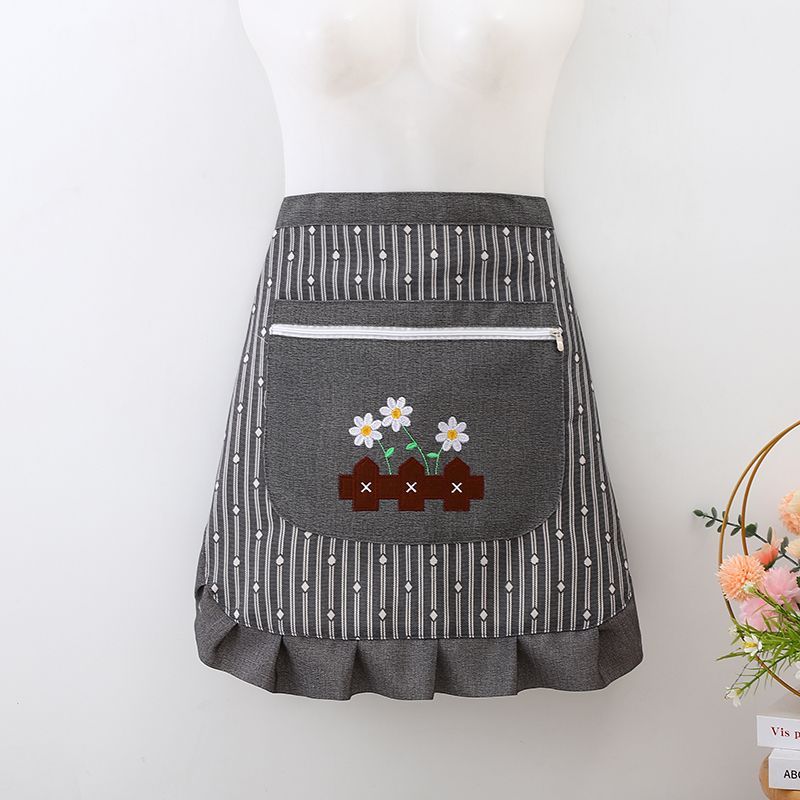 Half-striped embroidered women's kitchen, cooking, housework, zipper waist, stain-resistant, dirt-resistant and breathable half-length apron custom-made details Picture
