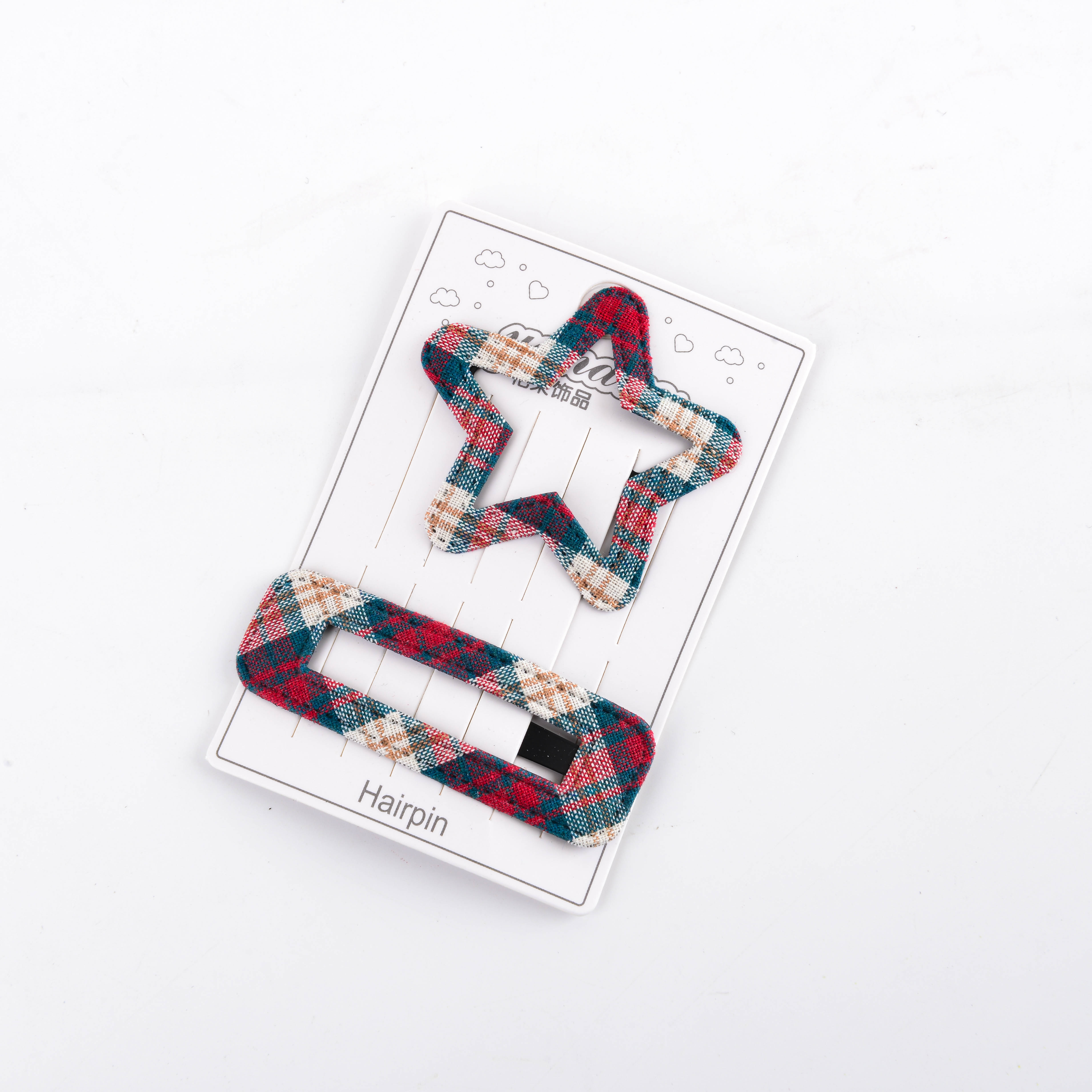 Autumn children's fabric checkered hollowed-out star bb clip, simple and fashionable forehead fringe clip, back hairpin details Picture