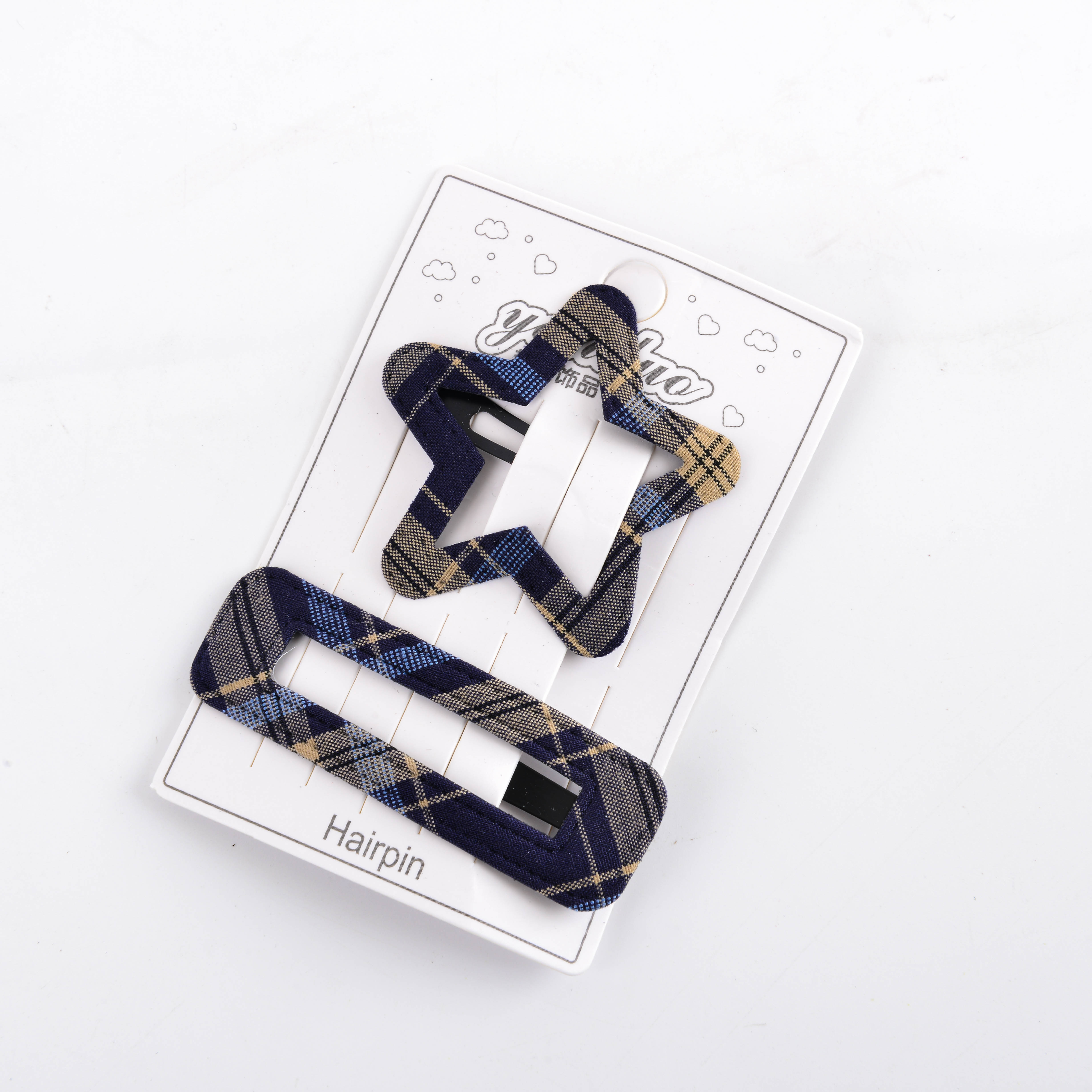 Autumn children's fabric checkered hollowed-out star bb clip, simple and fashionable forehead fringe clip, back hairpin Specification image