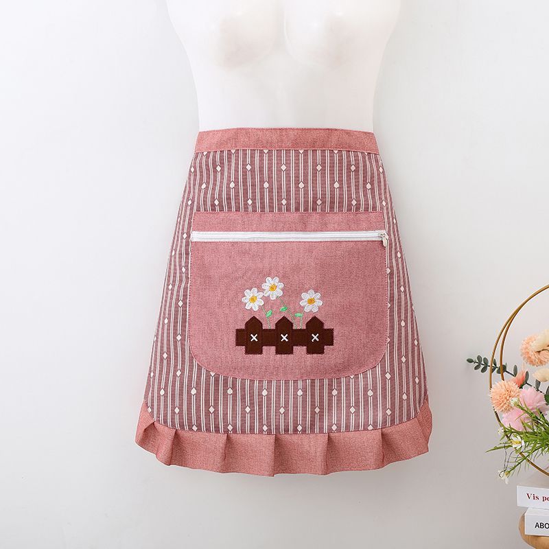 Half-striped embroidered women's kitchen, cooking, housework, zipper waist, stain-resistant, dirt-resistant and breathable half-length apron custom-made