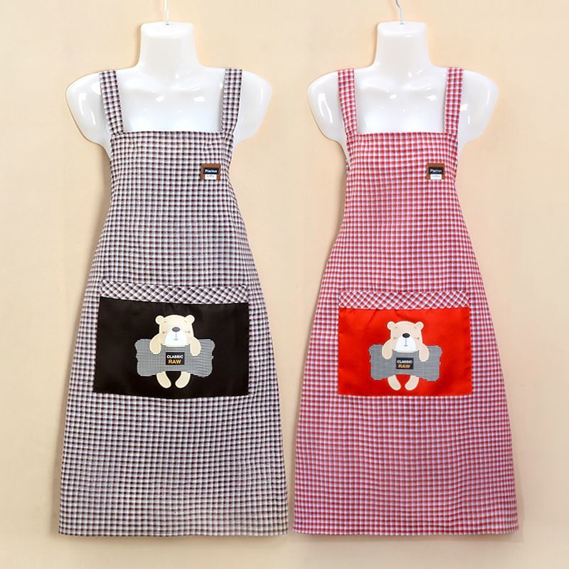 Checked apron, dust-proof, stain-resistant, wear-resistant for home use, kitchen cooking, breathable shoulder strap, fashionable for work, cute little bear cotton waistband work clothes pic 10