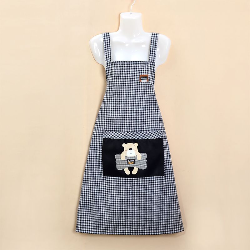 Checked apron, dust-proof, stain-resistant, wear-resistant for home use, kitchen cooking, breathable shoulder strap, fashionable for work, cute little bear cotton waistband work clothes details Picture