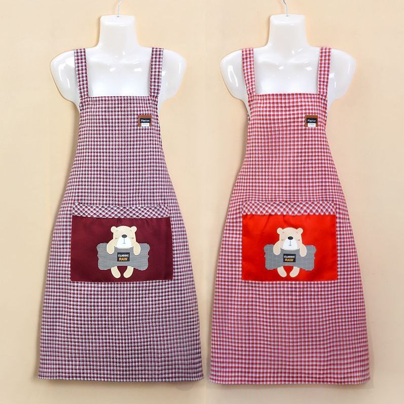 Checked apron, dust-proof, stain-resistant, wear-resistant for home use, kitchen cooking, breathable shoulder strap, fashionable for work, cute little bear cotton waistband work clothes pic 8