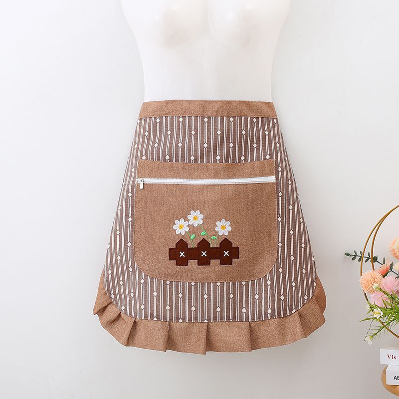 Half-striped embroidered women's kitchen, cooking, housework, zipper waist, stain-resistant, dirt-resistant and breathable half-length apron custom-made Specification image