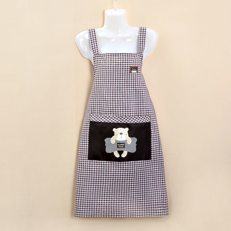 Checked apron, dust-proof, stain-resistant, wear-resistant for home use, kitchen cooking, breathable shoulder strap, fashionable for work, cute little bear cotton waistband work clothes pic 4
