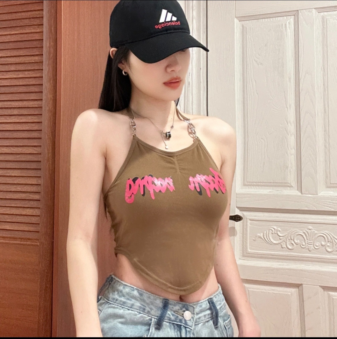 1024 design sense letter print spicy girl halter vest, nylon short fashionable irregular halter top Item Picture