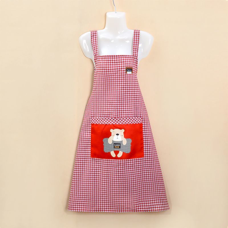 Checked apron, dust-proof, stain-resistant, wear-resistant for home use, kitchen cooking, breathable shoulder strap, fashionable for work, cute little bear cotton waistband work clothes pic 12