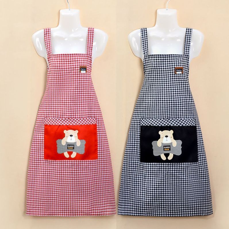 Checked apron, dust-proof, stain-resistant, wear-resistant for home use, kitchen cooking, breathable shoulder strap, fashionable for work, cute little bear cotton waistband work clothes pic 6