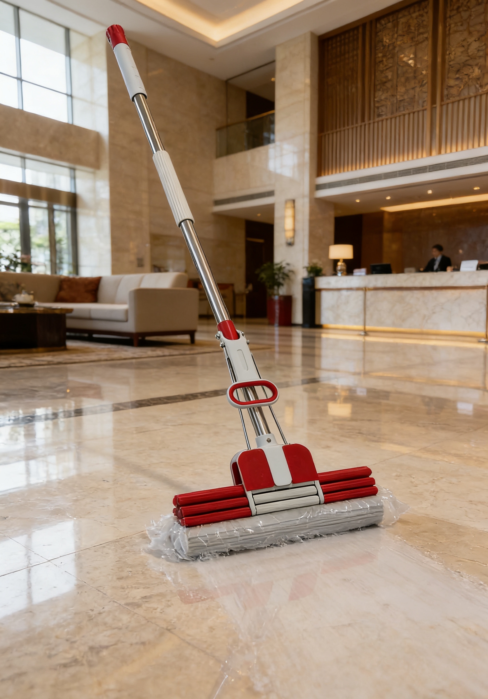 Extended rod rubber cotton mop, 38cm wide head water-squeezing sponge mop, wholesale household bathroom cleaning mop Item Picture