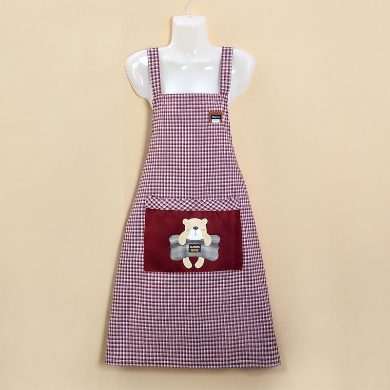 Checked apron, dust-proof, stain-resistant, wear-resistant for home use, kitchen cooking, breathable shoulder strap, fashionable for work, cute little bear cotton waistband work clothes Specification image