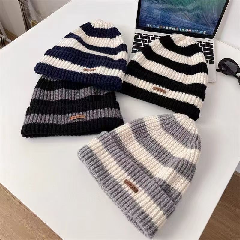 New autumn and winter versatile and fashionable large-head knitted cap, warm and ear-protecting trendy loose women's face-enhancing striped woolen cap details Picture