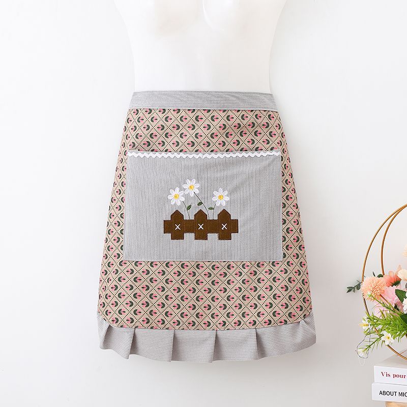 Apron with diamond-patterned floral embroidery, home canvas for cooking, kitchen, waist, half durable, stain-resistant, breathable work clothes, fashionable half apron pic 2