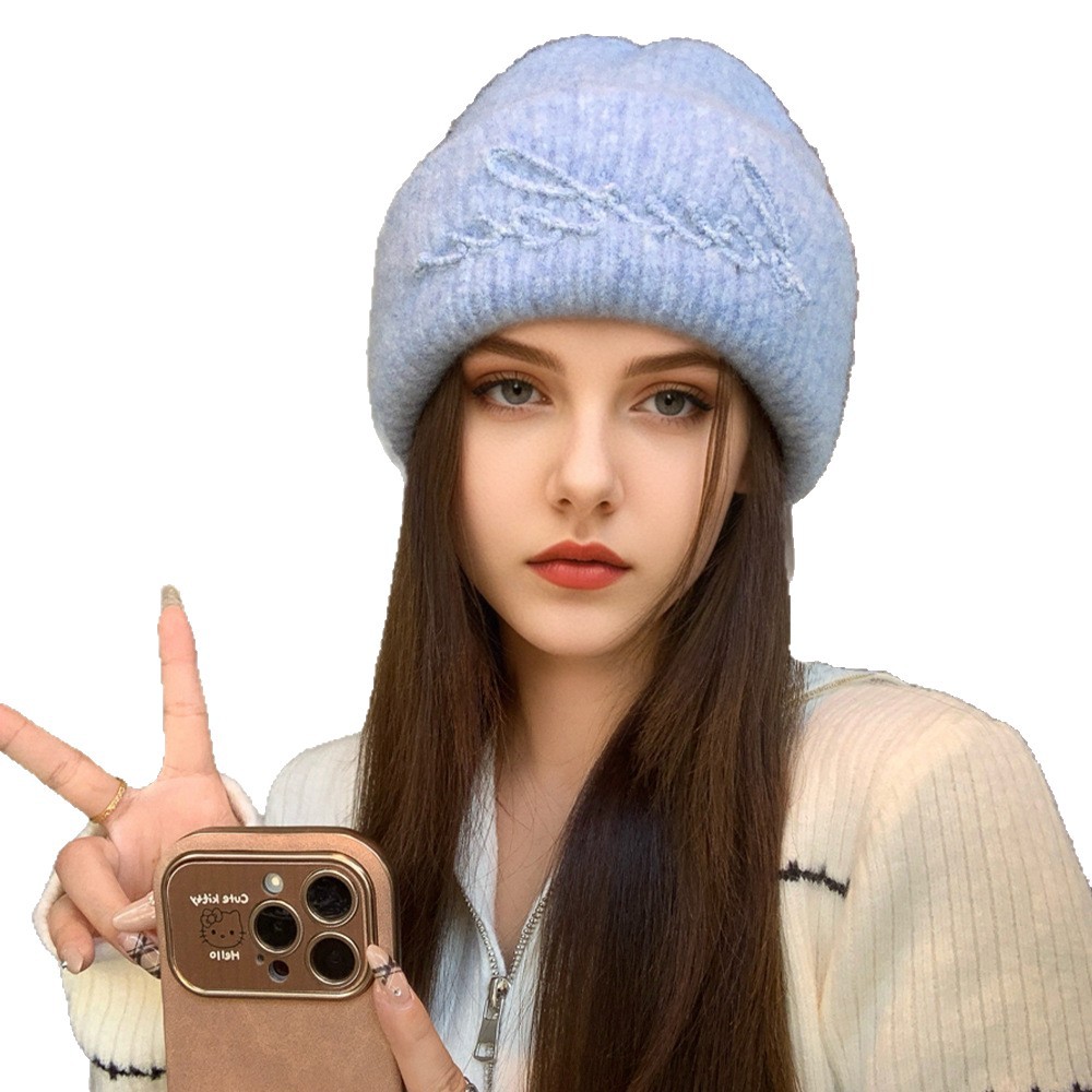 Korean autumn and winter new solid-color, versatile and trendy lettered ear-protecting woolen hat, large-sized face-enhancing small knitted hat Item Picture