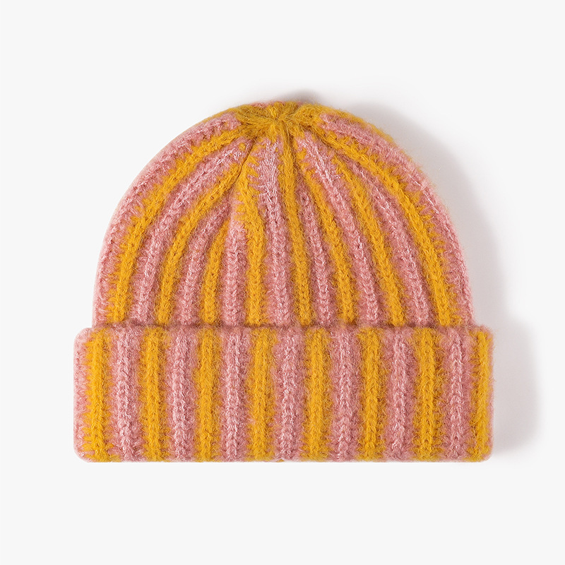 Korean-style color-blocking striped double-layer knitted cap with thickened design, versatile and fashionable for autumn and winter. ins rolled-up woolen cap pairs well with women details Picture