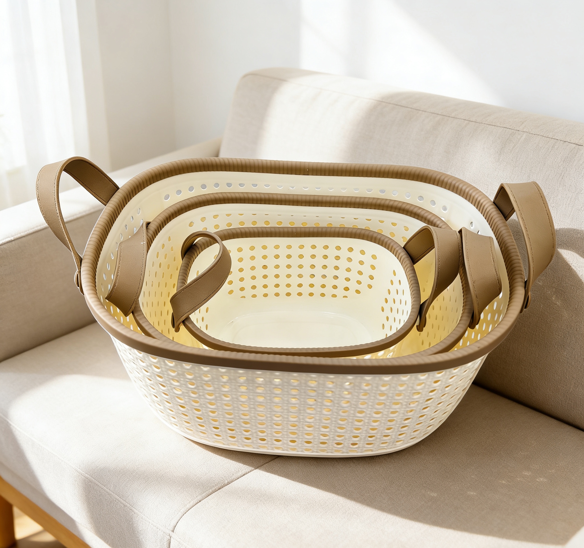 Thickened and durable plastic storage basket with hollowed-out water drainage design, bathroom bath products storage basket, portable handle storage basket wholesale Specification image