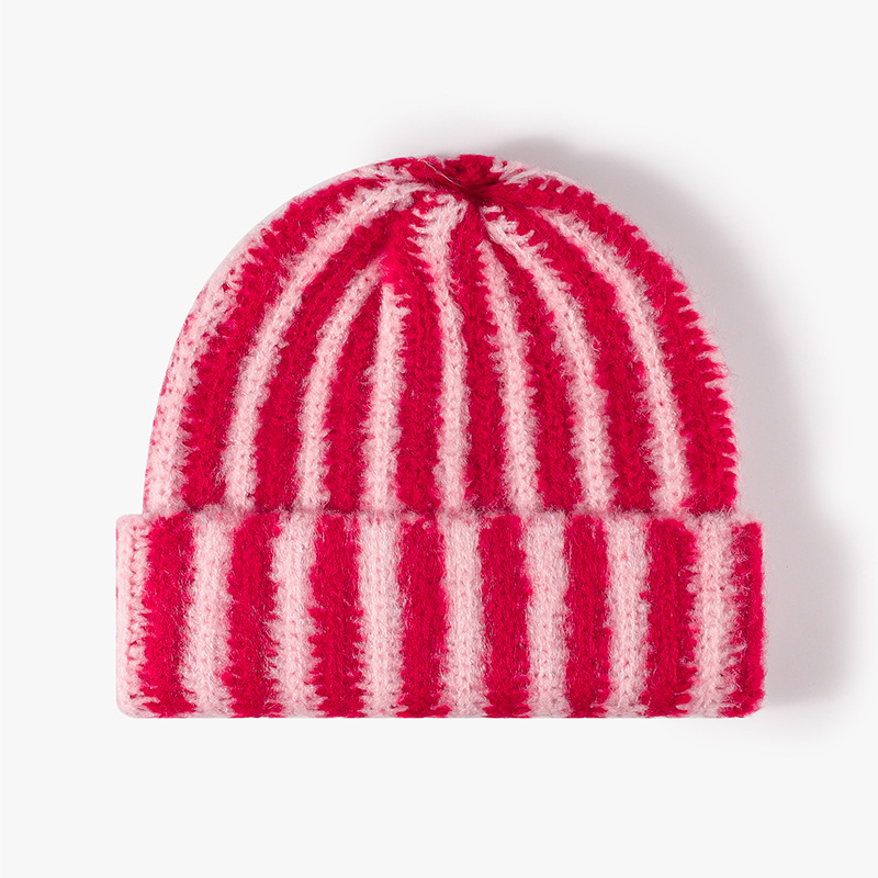 Korean-style color-blocking striped double-layer knitted cap with thickened design, versatile and fashionable for autumn and winter. ins rolled-up woolen cap pairs well with women