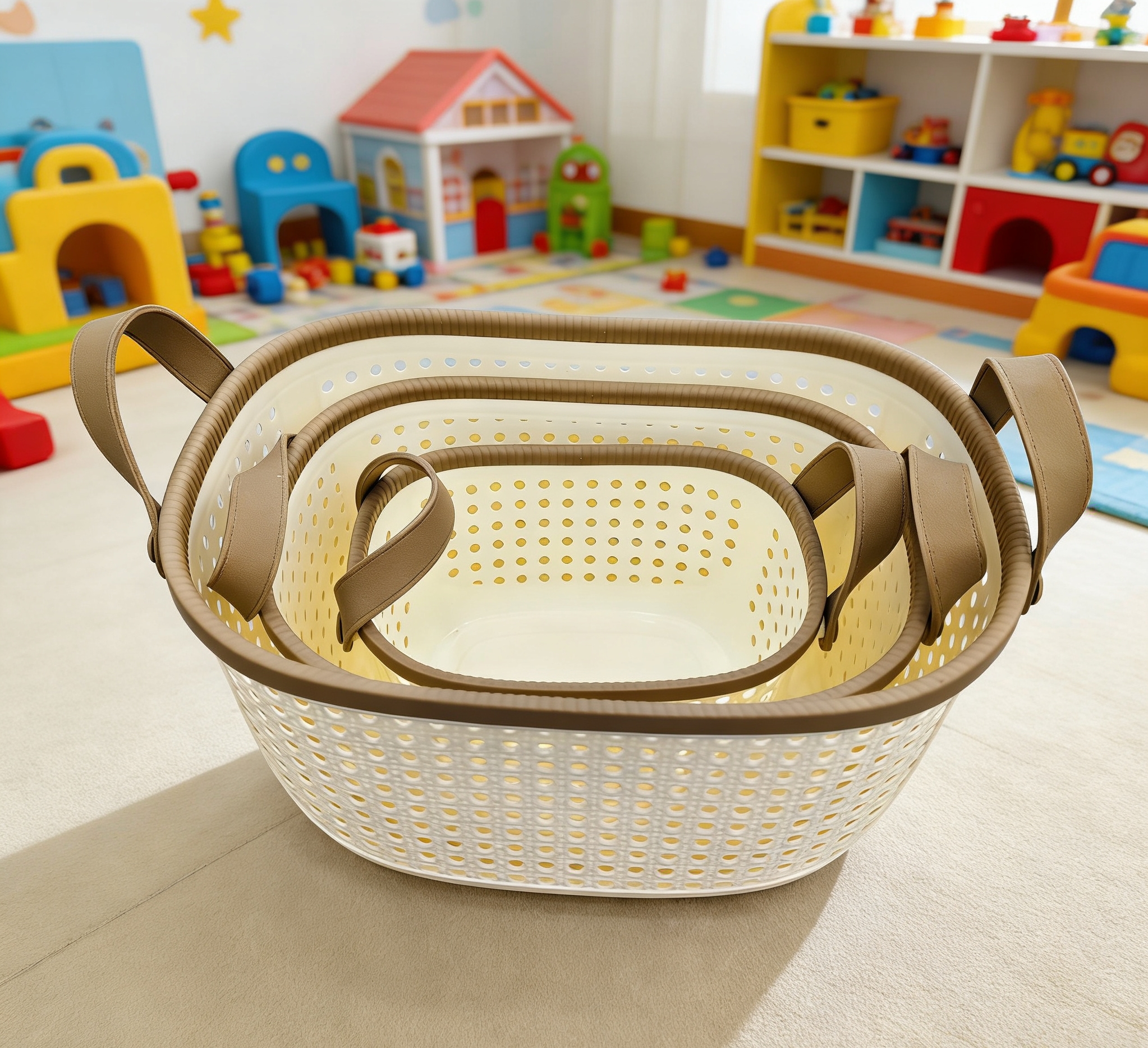 Thickened and durable plastic storage basket with hollowed-out water drainage design, bathroom bath products storage basket, portable handle storage basket wholesale Item Picture