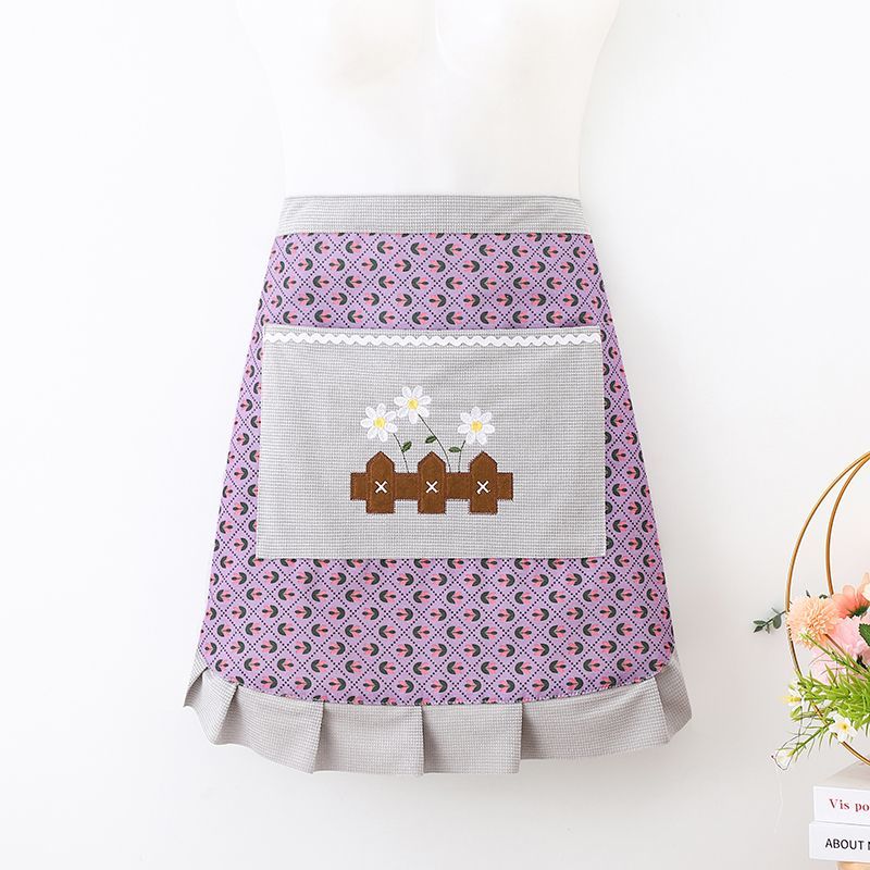 Apron with diamond-patterned floral embroidery, home canvas for cooking, kitchen, waist, half durable, stain-resistant, breathable work clothes, fashionable half apron