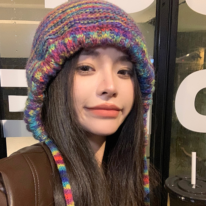 Winter gradient rainbow woolen cap, women's ethnic style warm student headscarf cap, cold-proof versatile lace-up knitted cap