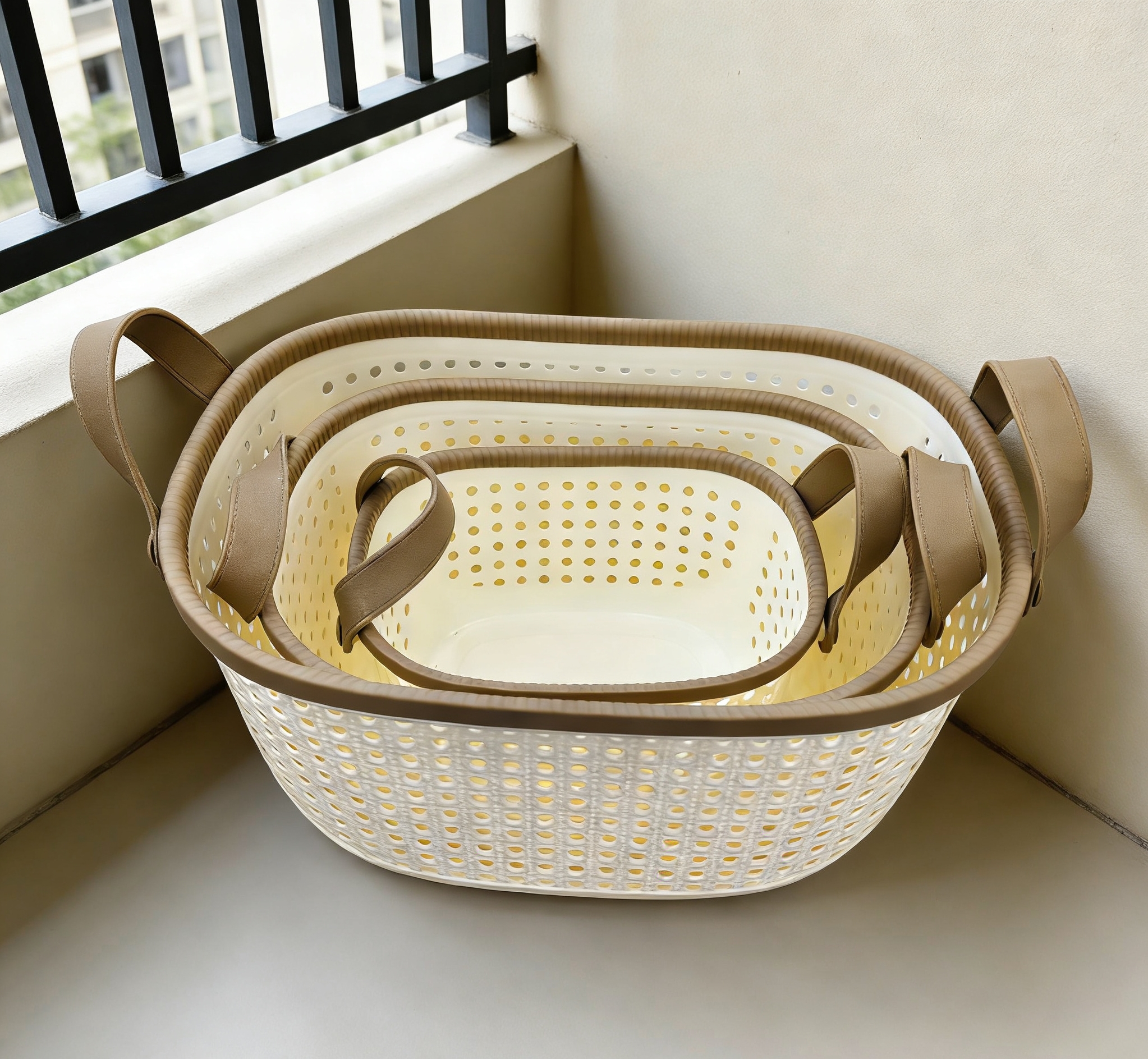 Thickened and durable plastic storage basket with hollowed-out water drainage design, bathroom bath products storage basket, portable handle storage basket wholesale Application Scenario