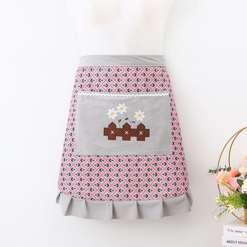 Apron with diamond-patterned floral embroidery, home canvas for cooking, kitchen, waist, half durable, stain-resistant, breathable work clothes, fashionable half apron Specification image